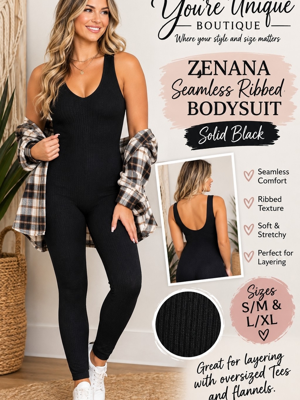 Zenana Outfitters Seamless Ribbed Bodysuit Jumpsuit - Solid Black